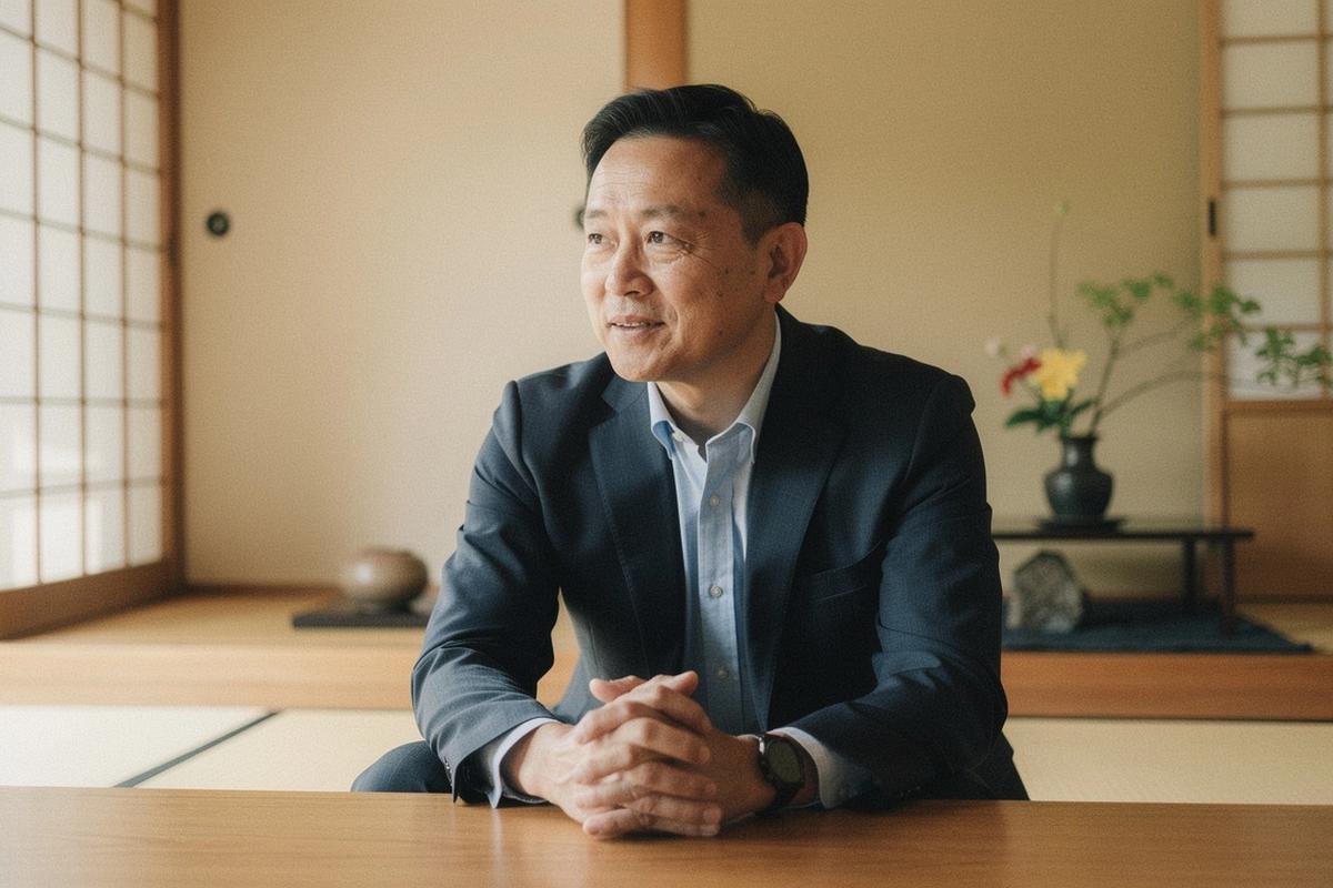 Japanese tech manager in a calm leadership retreat setting